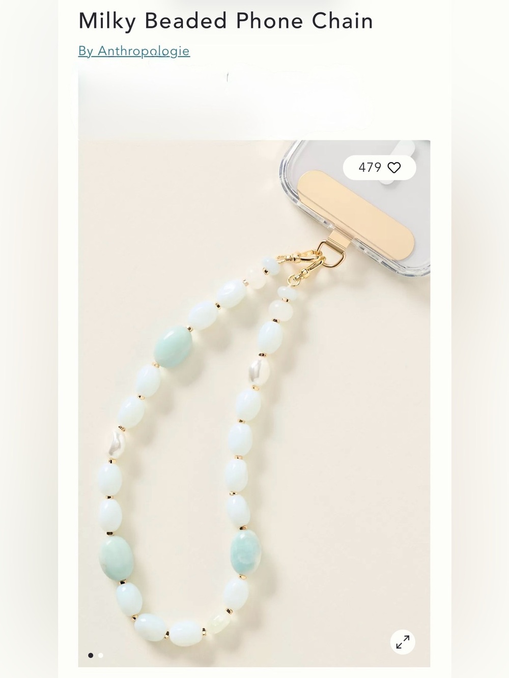 Anthropologie Milky mint Beaded Phone Chain NWT Aqua Pearl Gold Wrist Strap